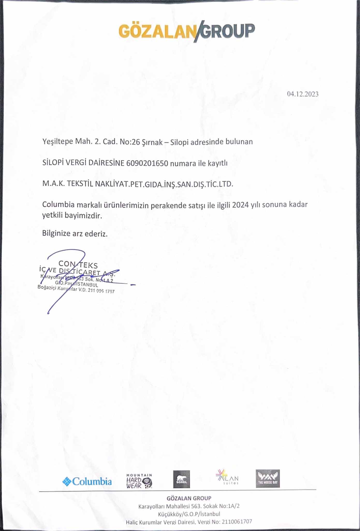 Murat Spor Columbia yetkili satış belgesi