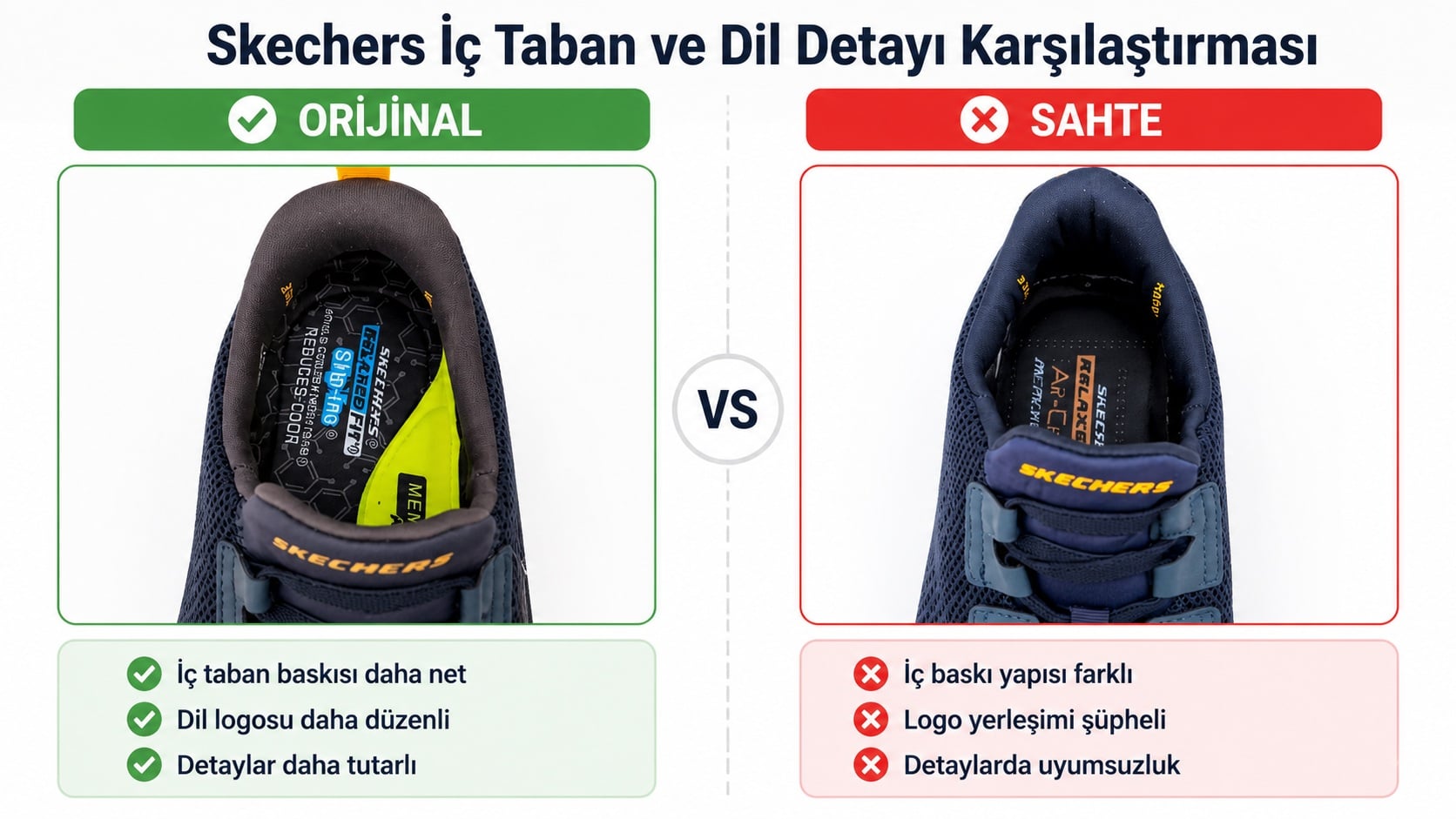 Orijinal ve sahte Skechers iç taban karşılaştırması