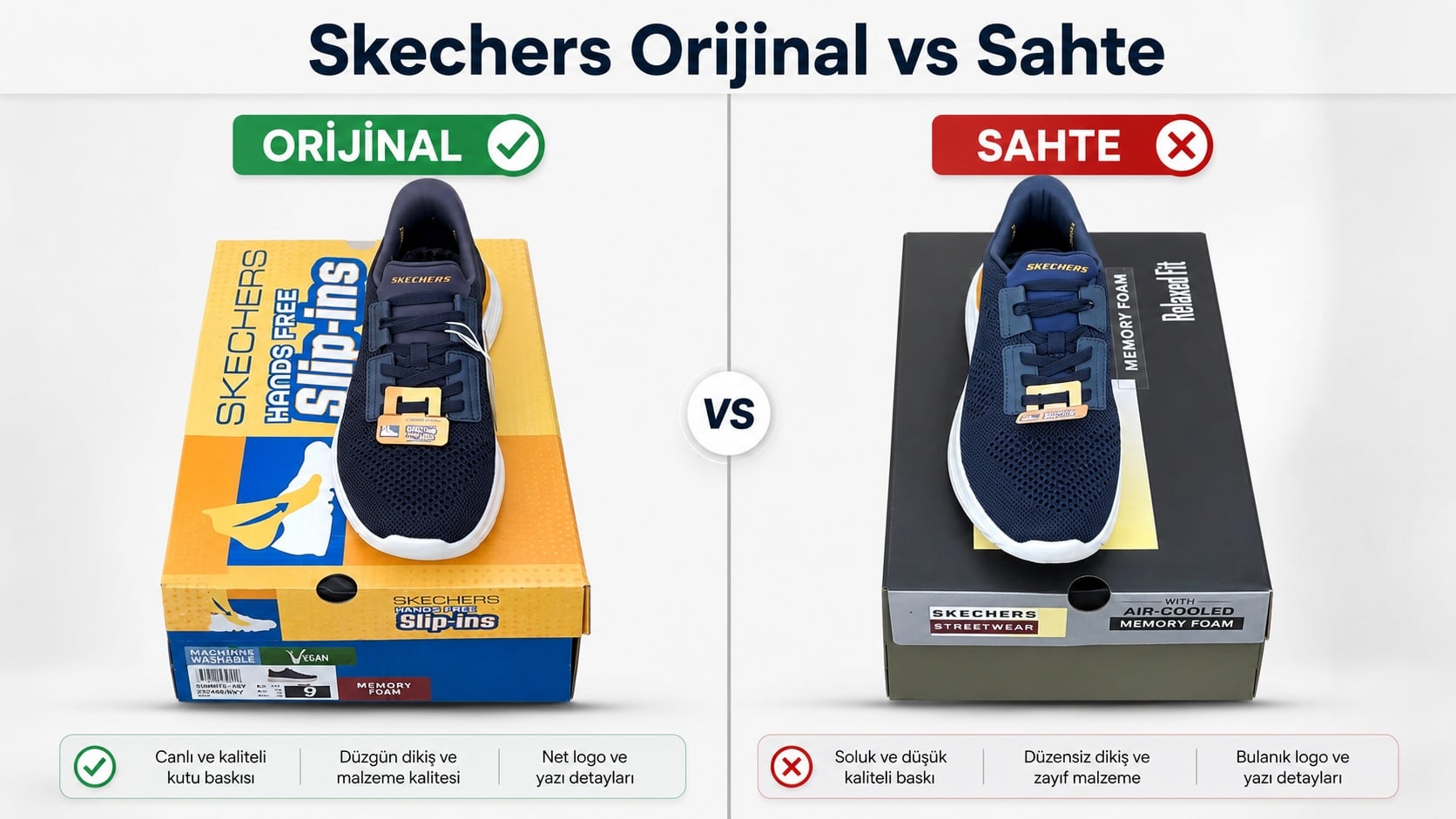 Orijinal ve sahte Skechers ayakkabı karşılaştırması