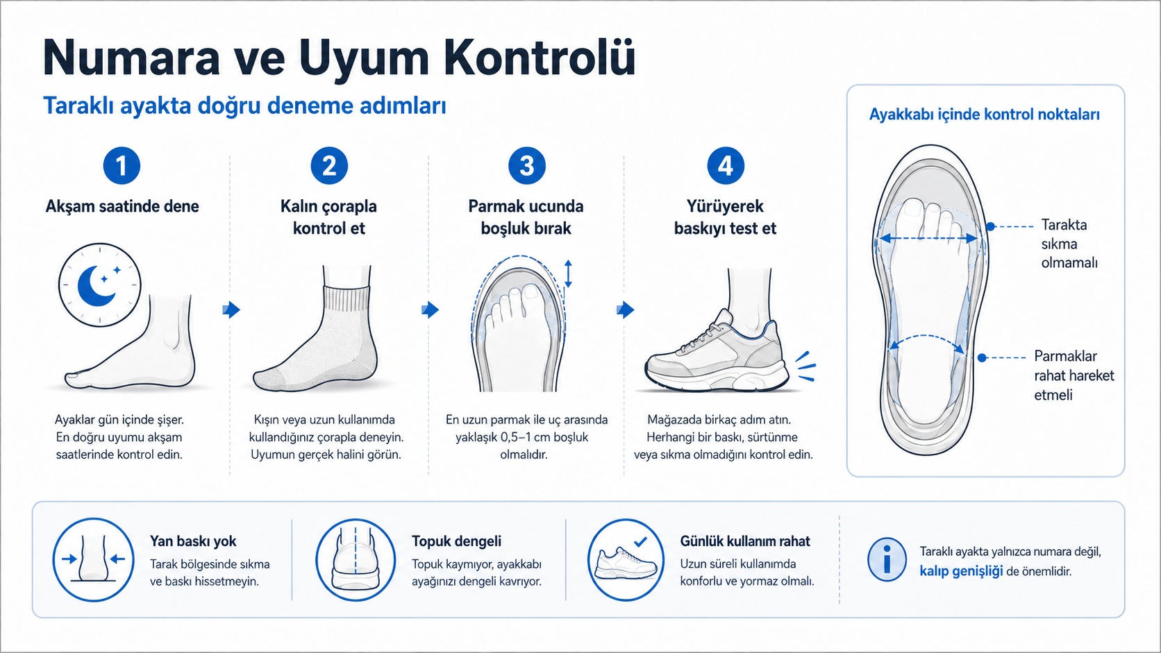 Taraklı ayakta ayakkabı numarası ve uyum kontrolü teknik görseli