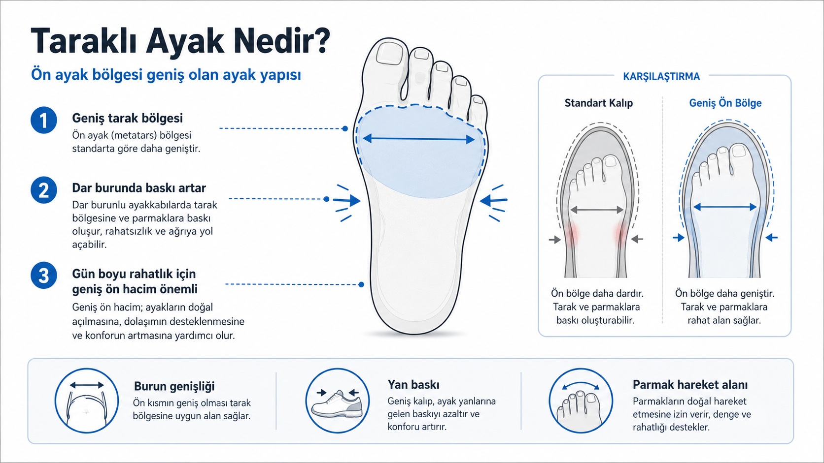 Taraklı ayak nedir? Ön ayak bölgesi geniş olan ayak yapısı teknik anlatım görseli