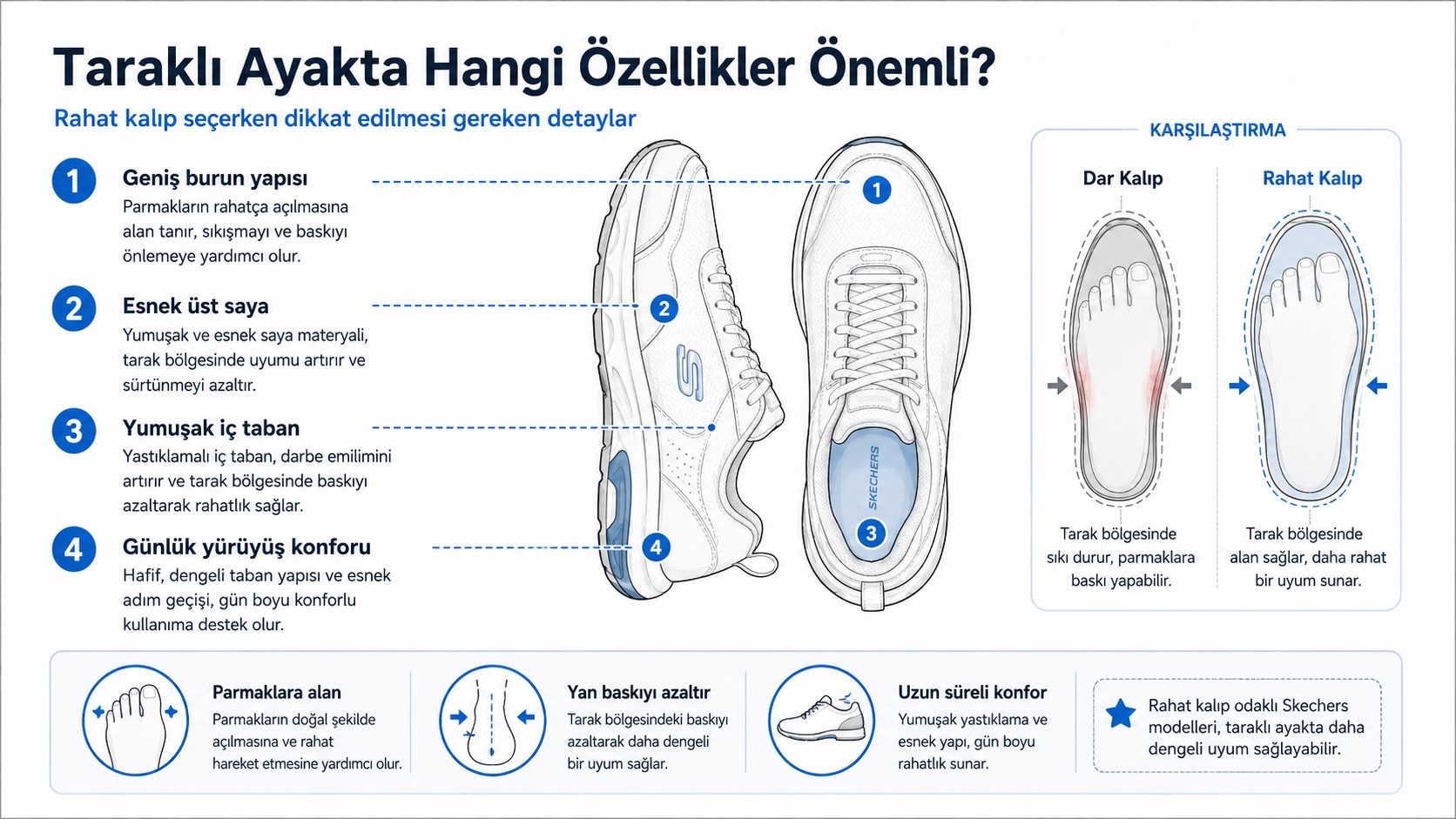 Taraklı ayakta uygun Skechers seçerken dikkat edilmesi gereken teknik özellikler